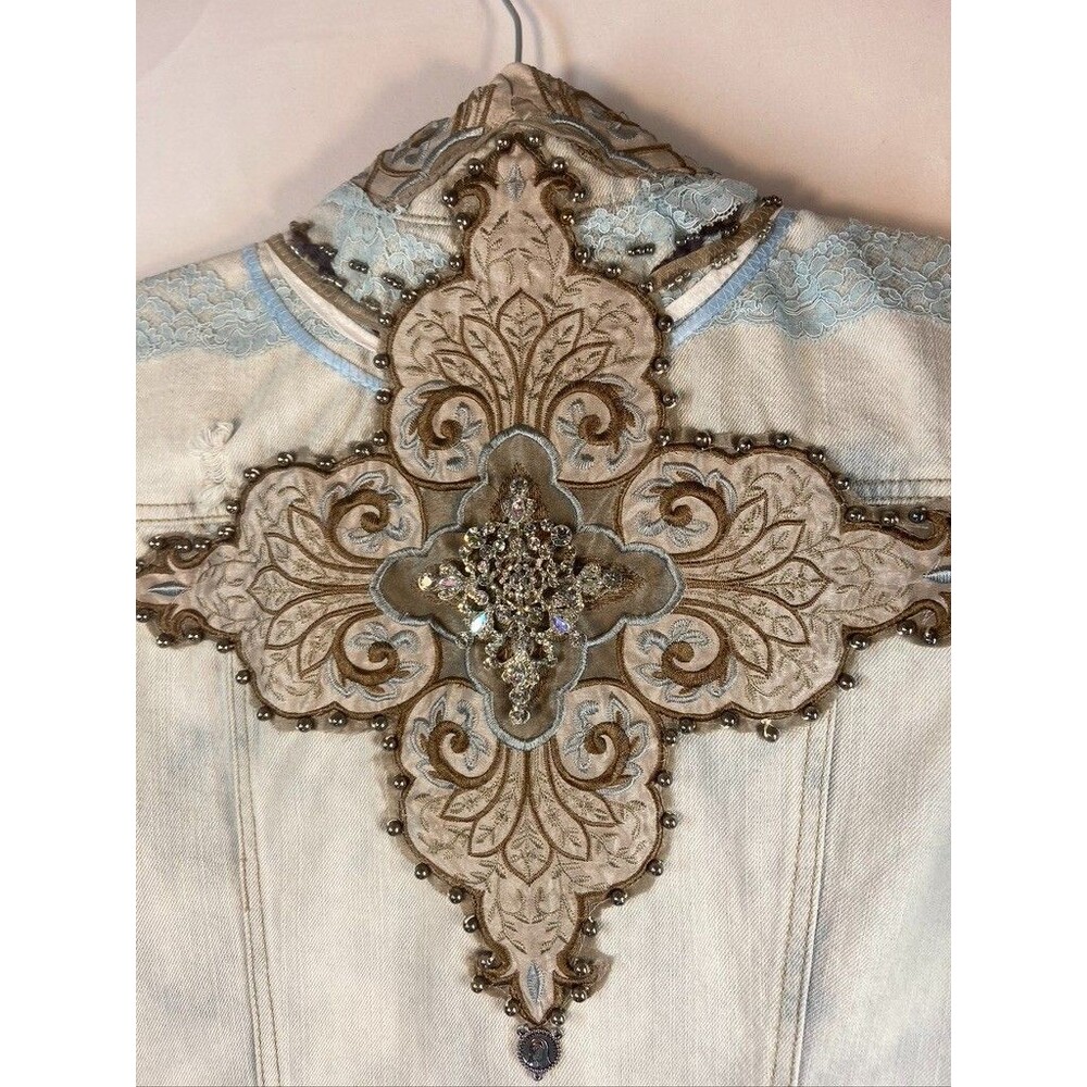 MUDD JUNIORS XLARGE DENIM VEST LACE SEQUINS BEADS BOHO HIPPIE HANDMADE - Picture 3 of 6